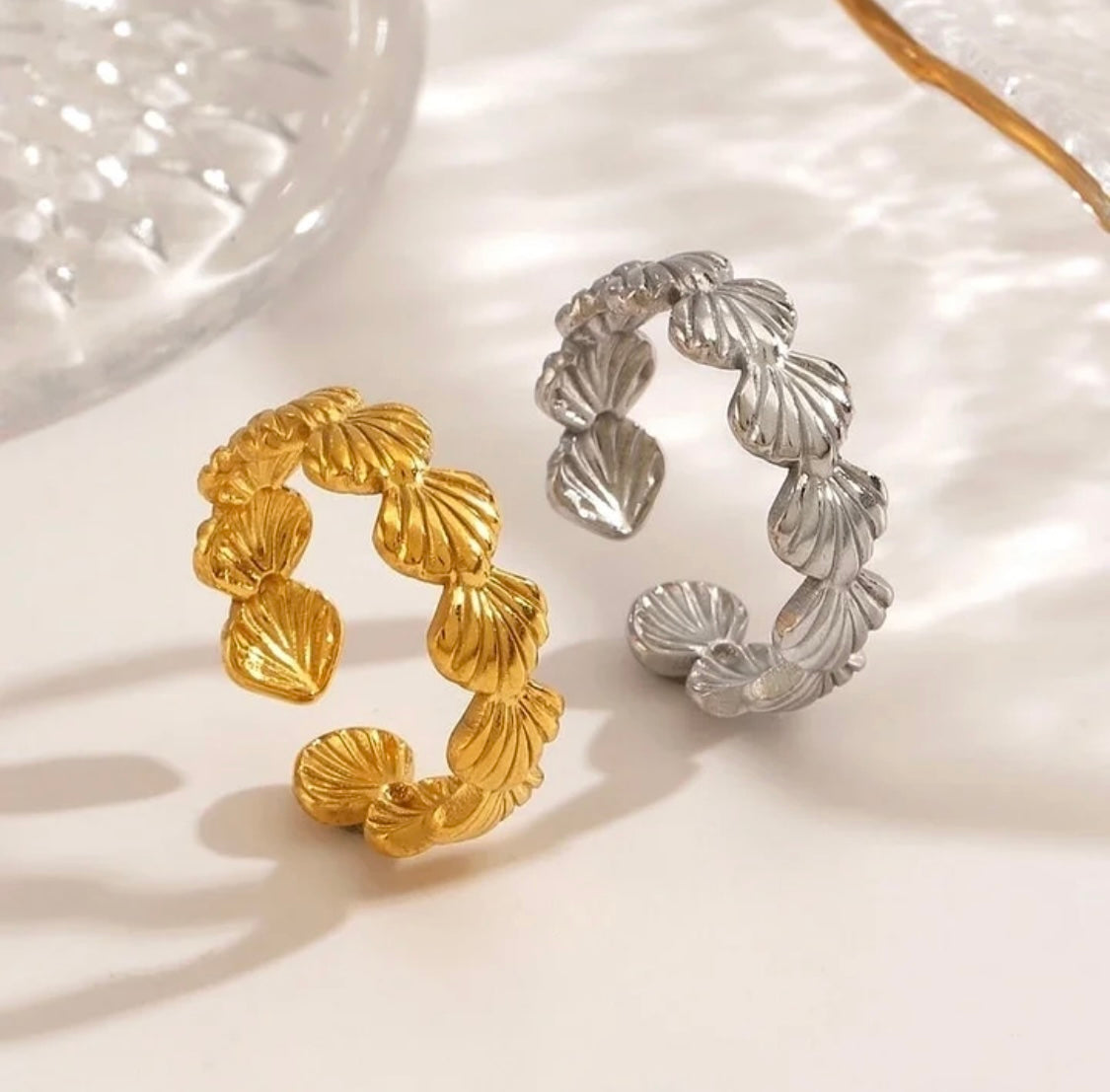 Bague Océan – Acier inoxydable ajustable avec coquillages