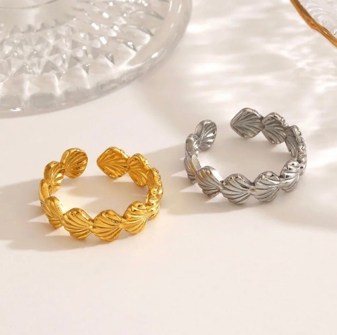 Bague Océan – Acier inoxydable ajustable avec coquillages